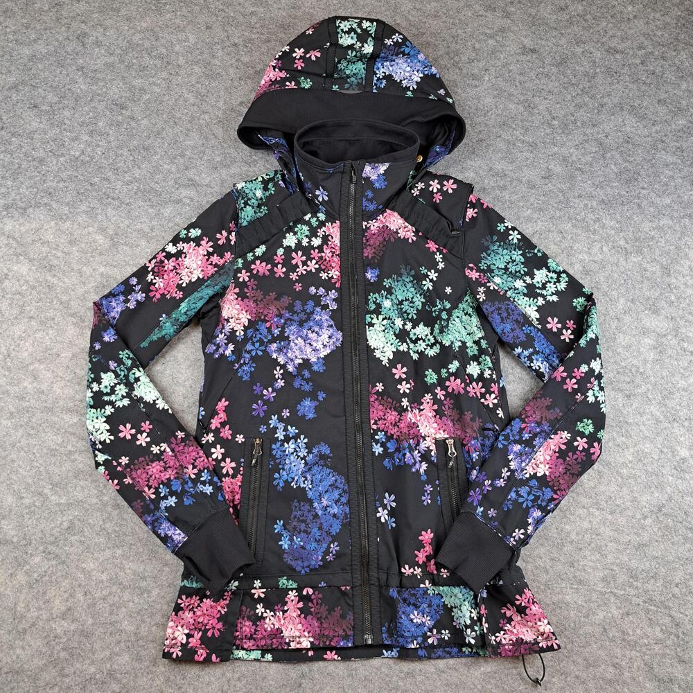 Lululemon Jacket Womens 6 Hooded Full Zip Drawstring Floral Pockets Athletic